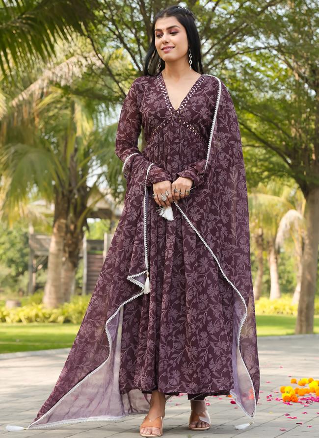 Georgette Wine Festival Wear Printed Gown With Dupatta